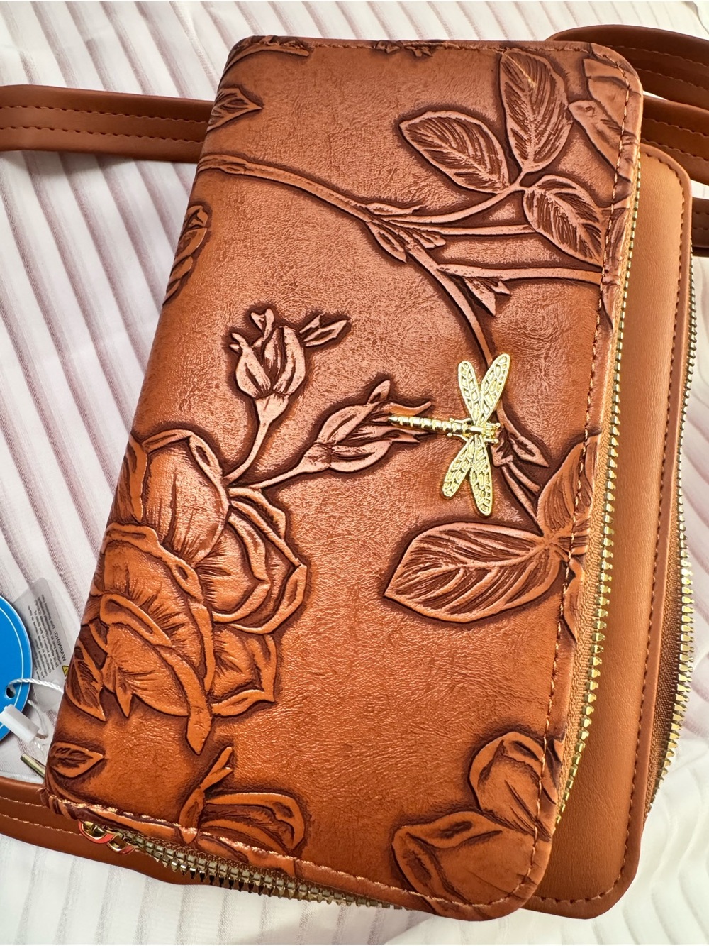 Brown Embossed Floral Dragonfly Crossbody Wallet - Women's Crossbody Bag